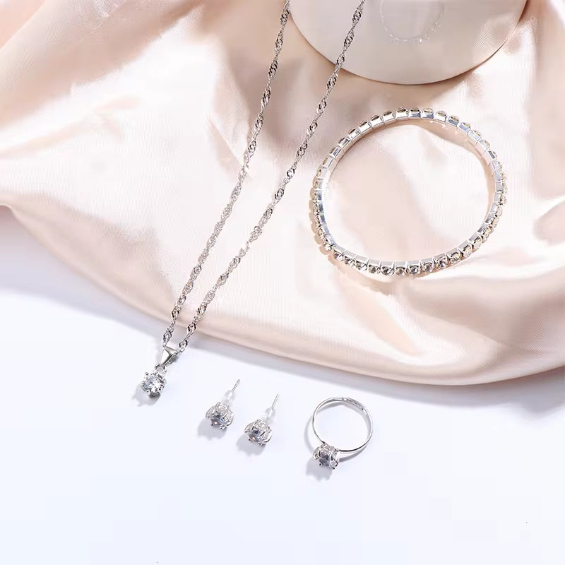 Luxury Women Set~Ring Necklace Earrings and Rhinestone Bracelet Casual Jewelry Set