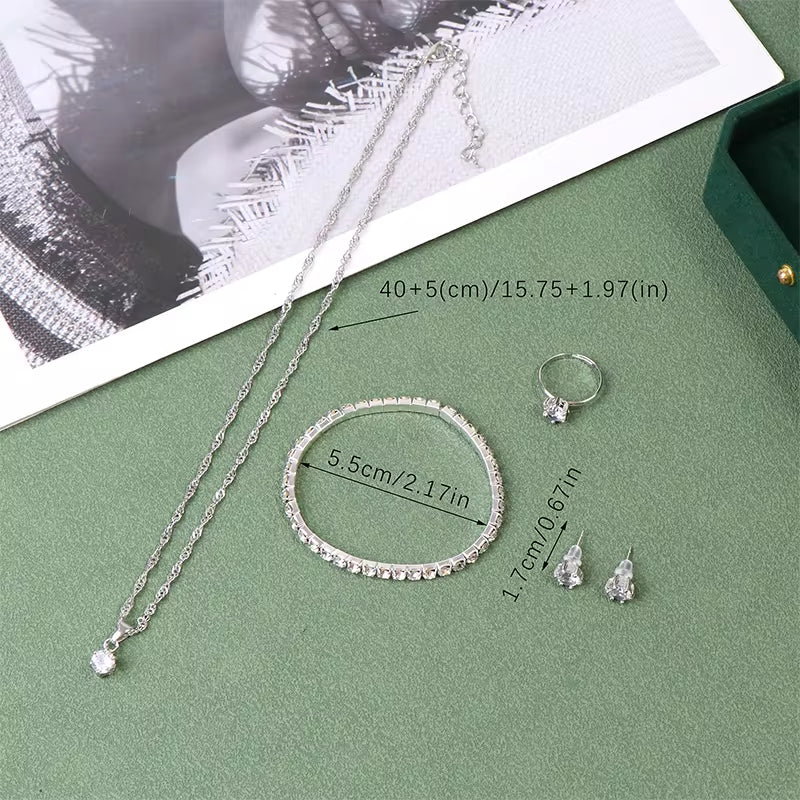 Luxury Women Set ~Ring Necklace Earrings and Rhinestone Bracelet~ Casual Ladies Jewelry Set