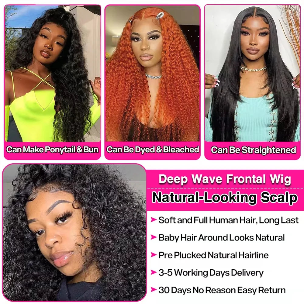 200% Density Deep Wave Wig 13X4 13X6 HD Transparent Lace Frontal Wig~Can be Dyed/Bleached~ Curly Wave Wig 5X5 ~Lace Human Hair Wigs for Black Women