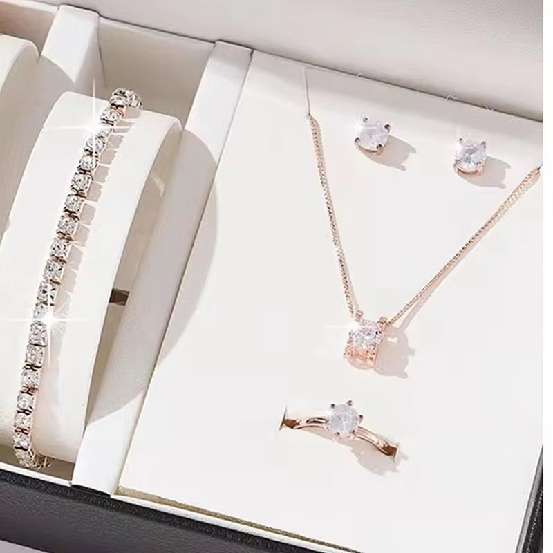 Luxury Women Set ~Ring Necklace Earrings and Rhinestone Bracelet~ Casual Ladies Jewelry Set