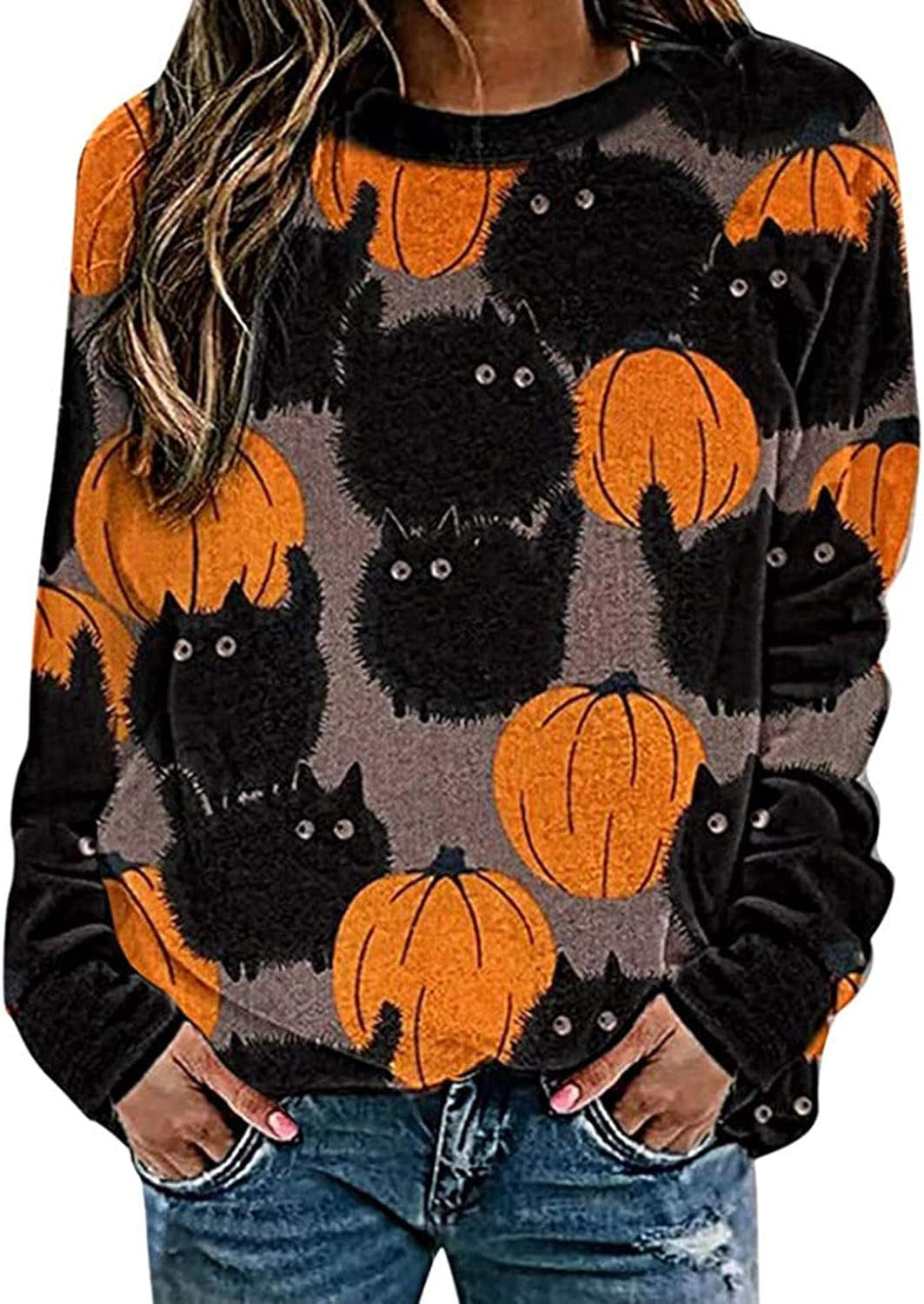 Women'S Halloween Sweatshirt Pumpkin Cat Print Loose Long Sleeve Crewneck Sweaters Pullover Tops